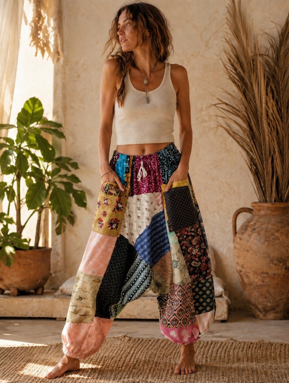 Boho Patchwork Harem Pants Cotton Festival Lagenlook One Size